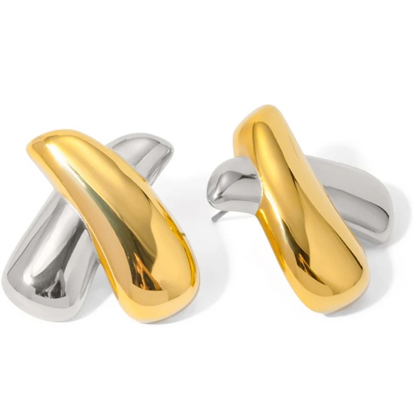 NEW💎 X Shape Earrings*Two Tone Bicolor Earrings*Minimalist Design*Waterproof - Picture 5 of 5